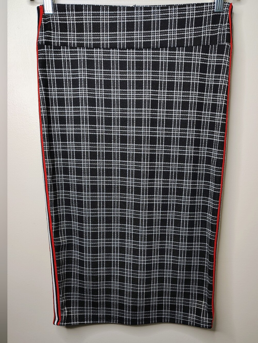 See You Monday XL Plaid Black & White Plaid Pencil Skirt with Red Side Stripe